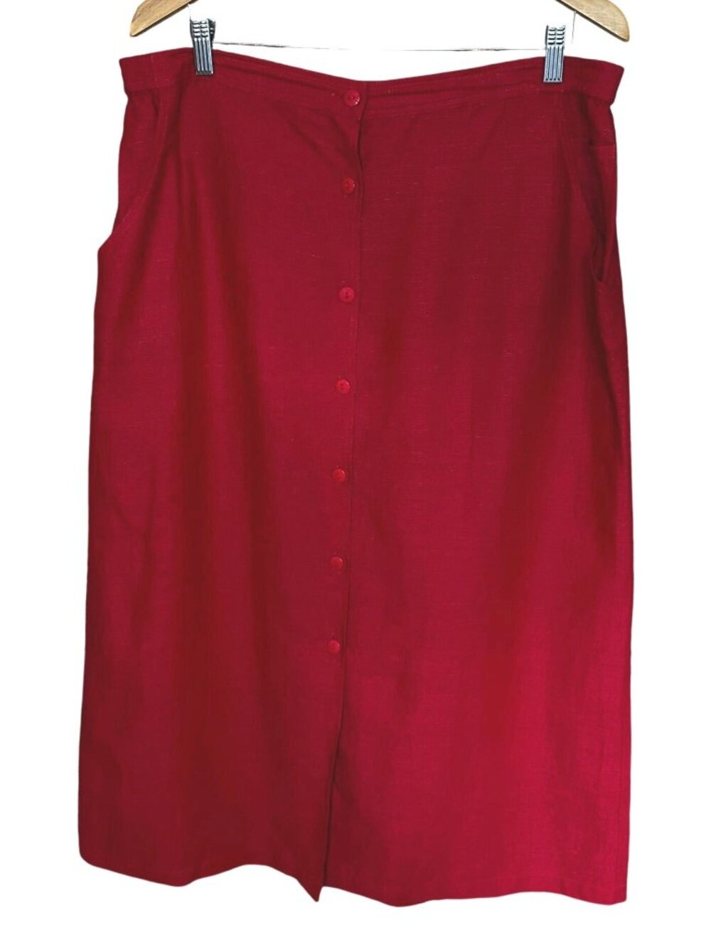 Vintage Linen Silk Button Front Midi Skirt w/ Pockets Red 90s Erin London